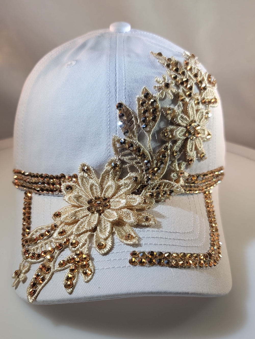 White Women's Baseball Cap with Gold Floral Embellishment